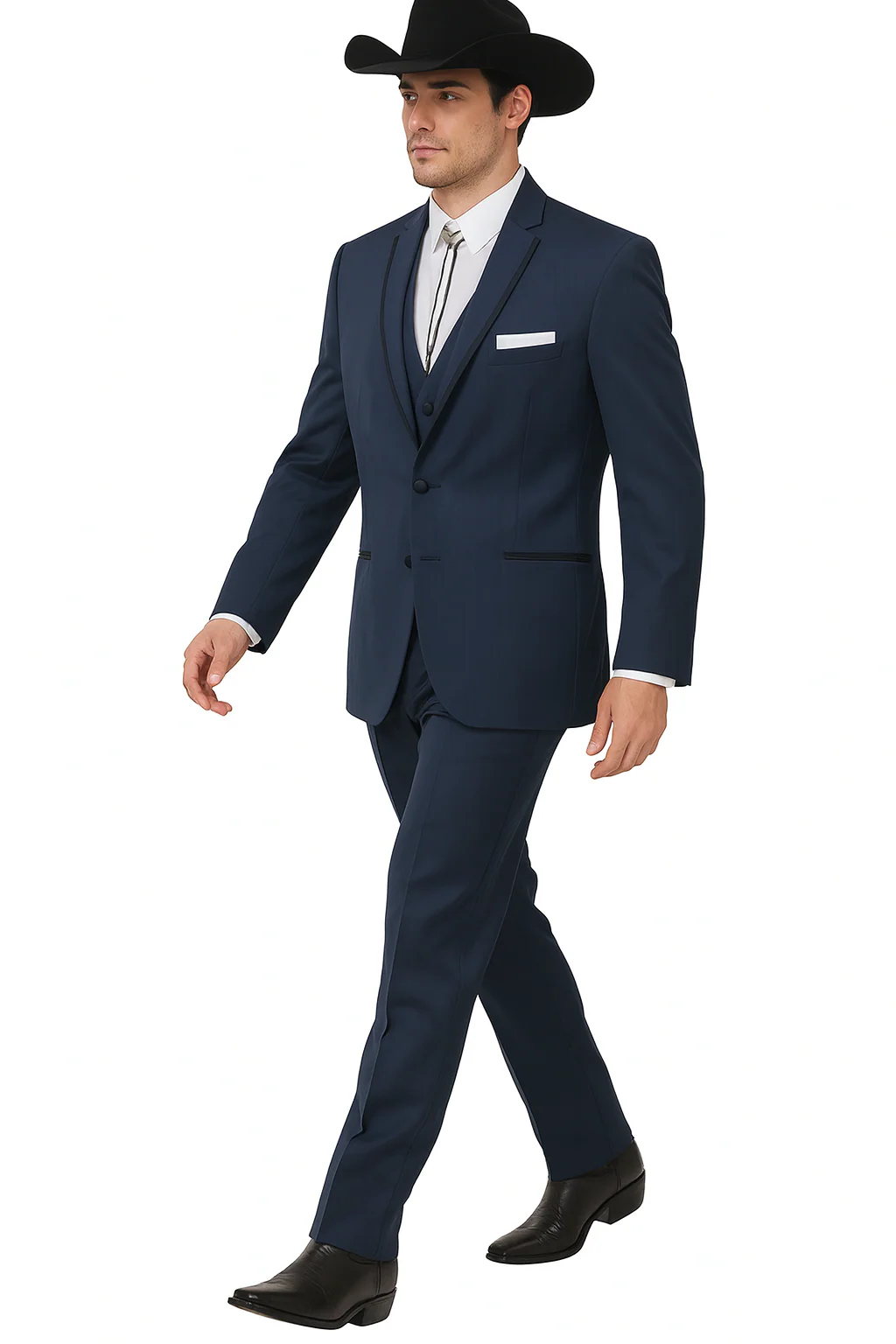2 Button Vested Satin Trim Lapel Cowboy Tuxedo in Navy - Image 3