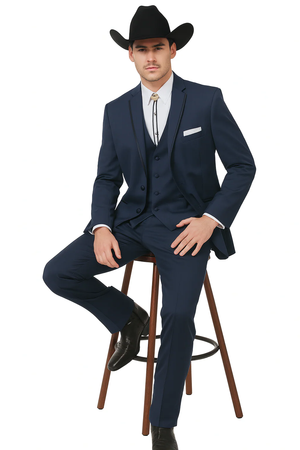 2 Button Vested Satin Trim Lapel Cowboy Tuxedo in Navy - Image 4