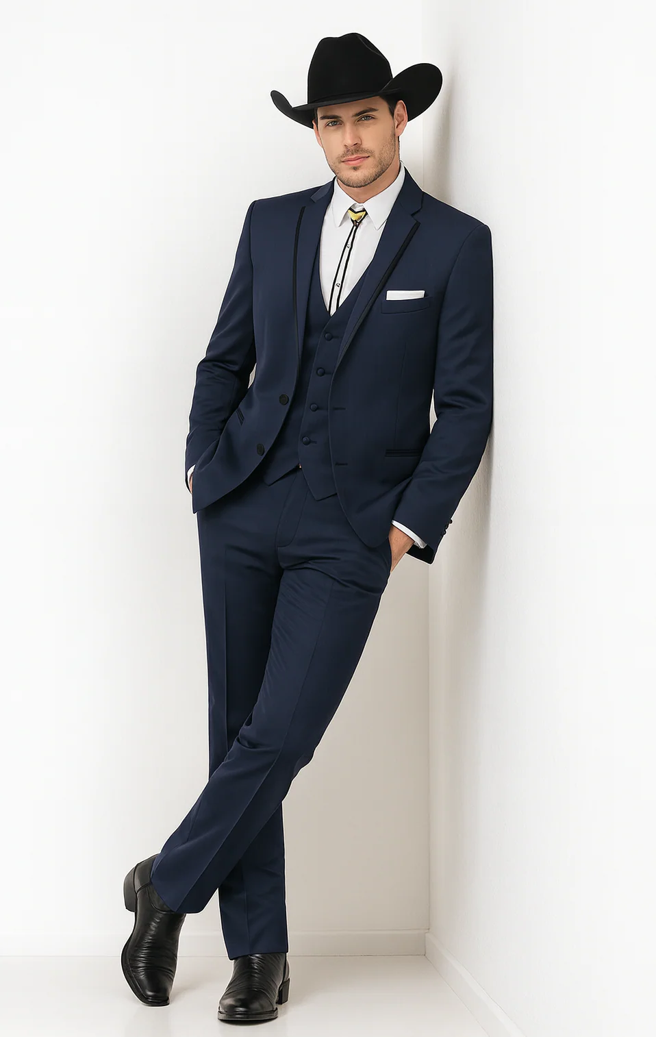 2 Button Vested Satin Trim Lapel Cowboy Tuxedo in Navy - Image 7