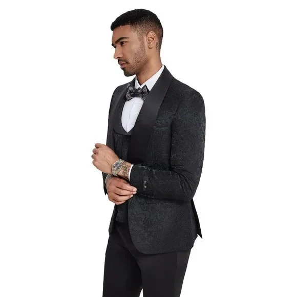2024 Black Paisley 3pc Men's Suit Tuxedo by Tazzio - Image 3