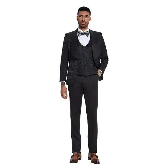 2024 Black Paisley 3pc Men's Suit Tuxedo by Tazzio - Image 4