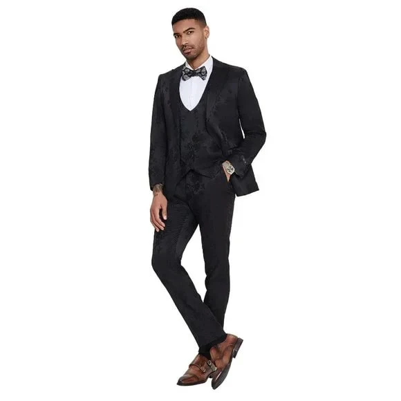 2024 Floral Mens 3PC Suit w/ Double Breasted Prom Vest by Tazzio, Black - Image 3