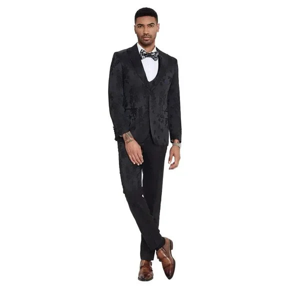 2024 Floral Mens 3PC Suit w/ Double Breasted Prom Vest by Tazzio, Black - Image 4