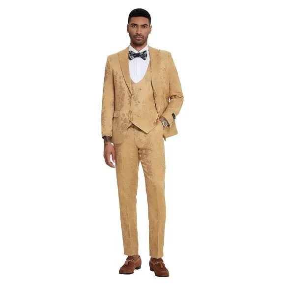 2024 Floral Mens 3PC Suit w/ Double Breasted Vest by Tazzio, Golden - Image 2
