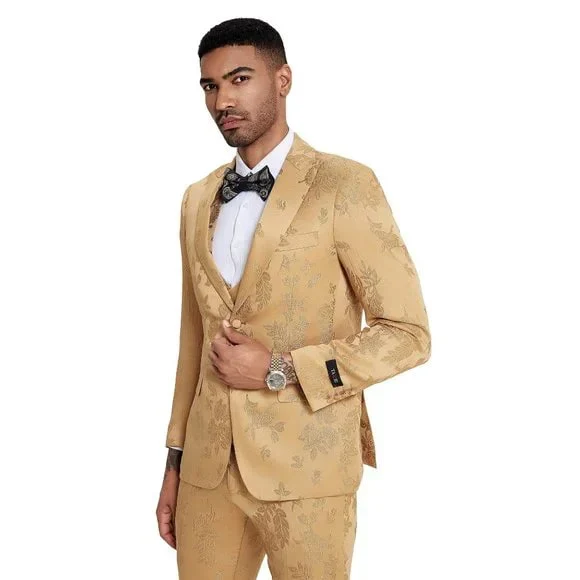 2024 Floral Mens 3PC Suit w/ Double Breasted Vest by Tazzio, Golden - Image 3