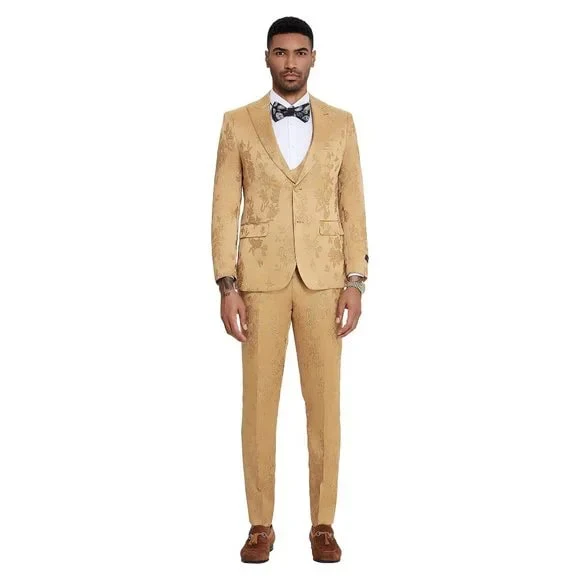 2024 Floral Mens 3PC Suit w/ Double Breasted Vest by Tazzio, Golden - Image 4