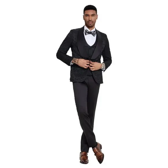 2026 Black Paisley 3pc Men's Suit Tuxedo by Tazzio - Image 5