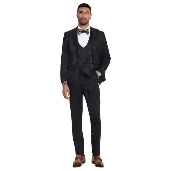 2026 Floral Mens 3PC Suit w/ Double Breasted Prom Vest by Tazzio, Black Black Prom Tuxedos - Image 3