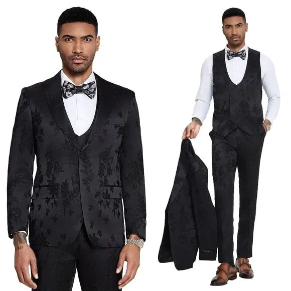 2026 Floral Mens 3PC Suit w/ Double Breasted Prom Vest by Tazzio, Black