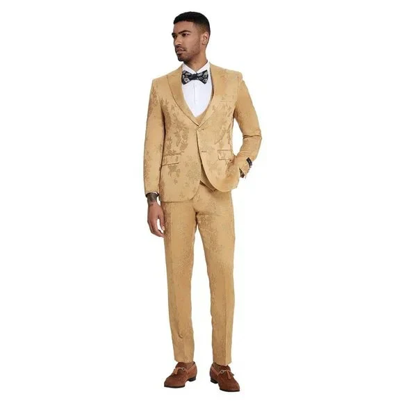 2026 Floral Mens 3PC Suit w/ Double Breasted Vest by Tazzio, Golden - Image 5