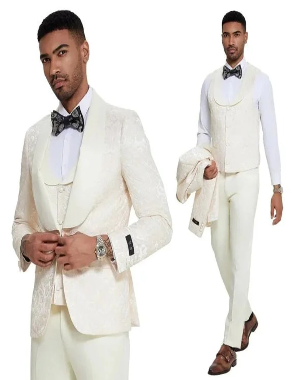 2026 Ivory Paisley 3pc Men's Suit Tuxedo by Tazzio