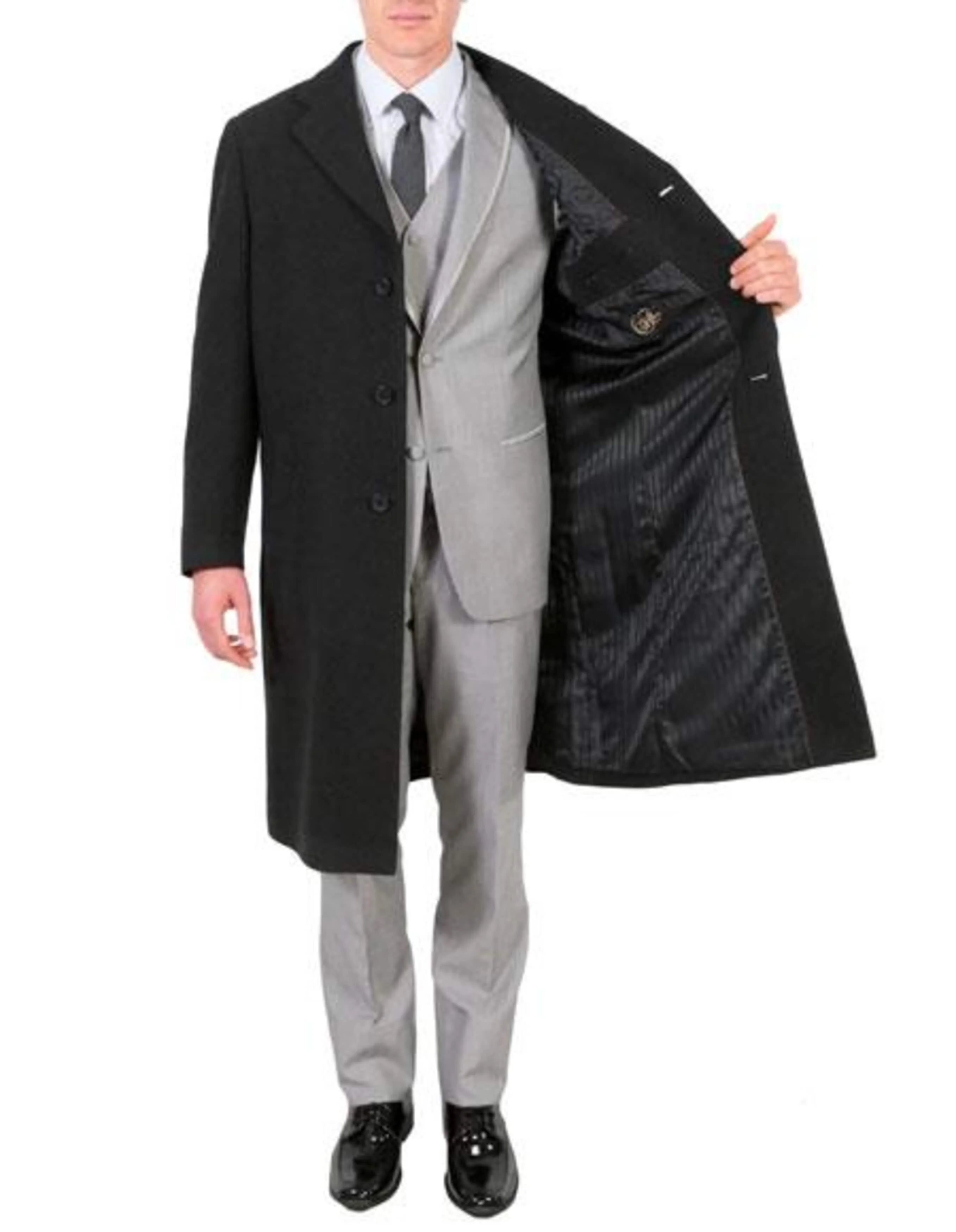 3 Button Wool/Poly Dark Charcoal Overcoat With Slanted Pockets - Image 3