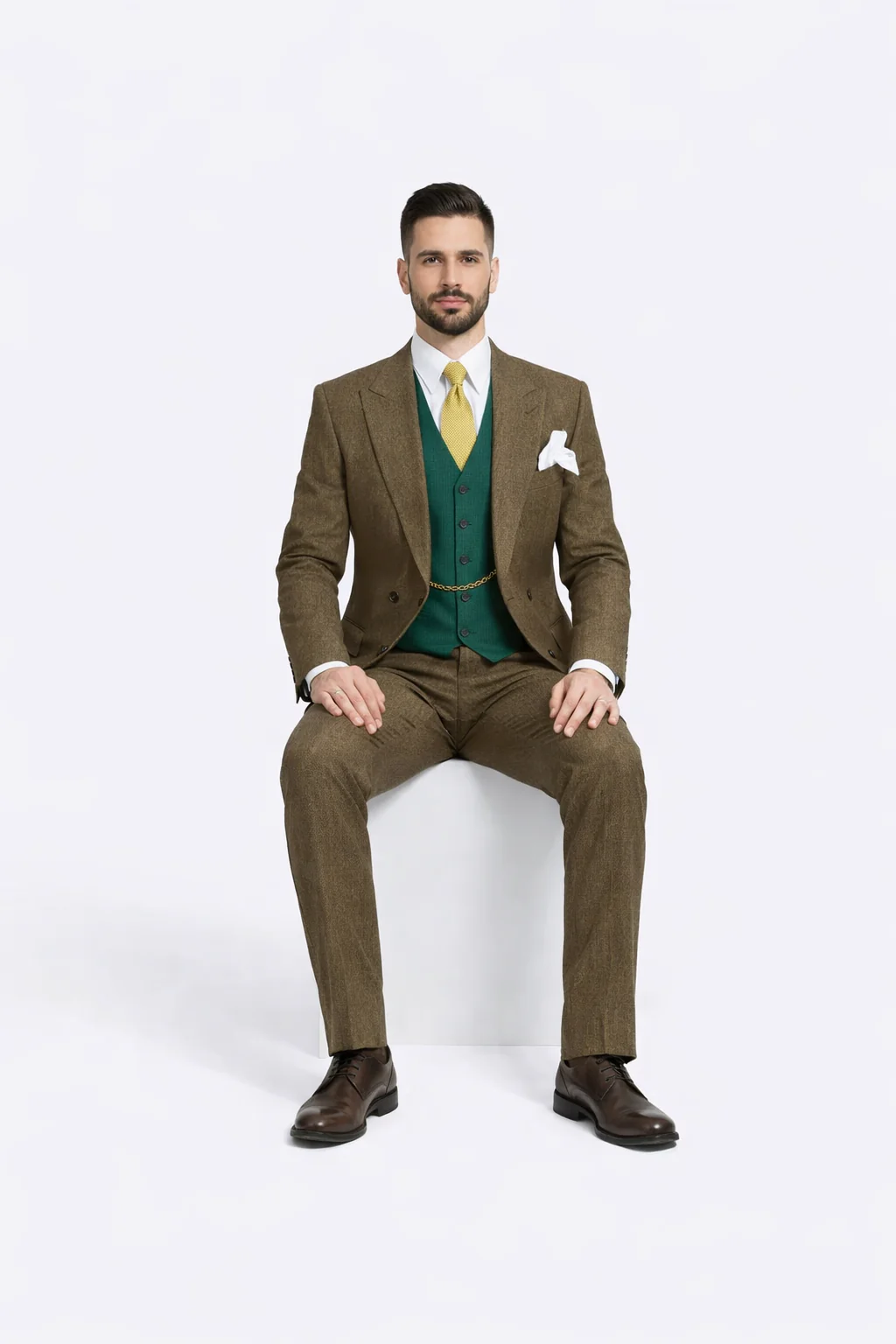 Al Capone Outfit for Men Brown Double Breasted Suit $179 + Hunter Green Vest $59 - Image 4