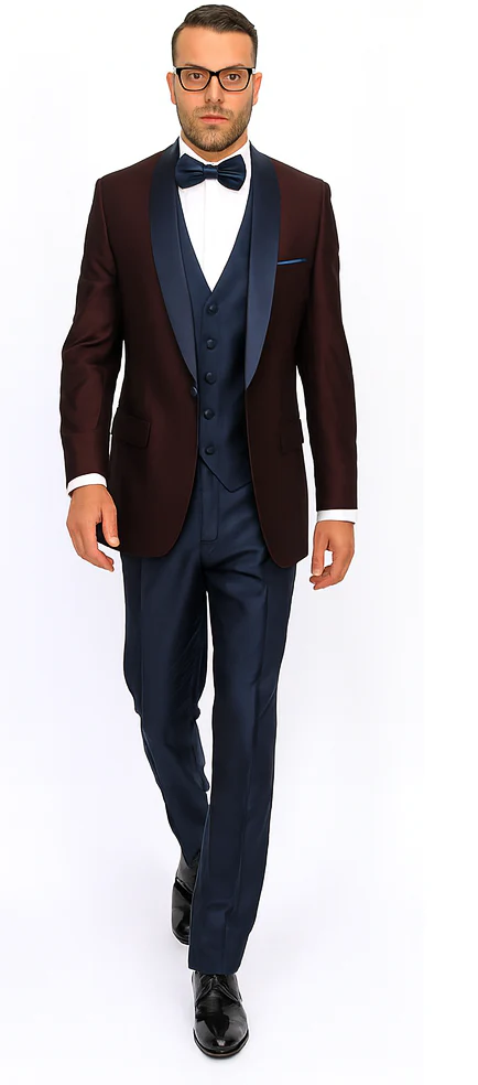 Burgundy ~ Plum And Dark Navy Blue Lapel Burgundy Suit Tuxedo Vested 3 Piece Suit Wedding / Prom / Party Suit - Image 3