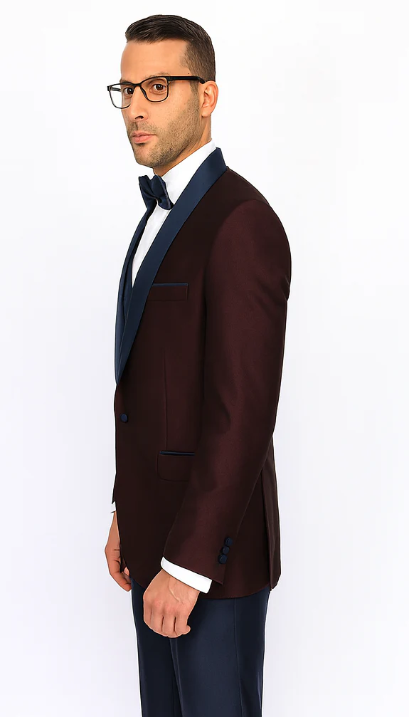 Burgundy ~ Plum And Dark Navy Blue Lapel Burgundy Suit Tuxedo Vested 3 Piece Suit Wedding / Prom / Party Suit - Image 4