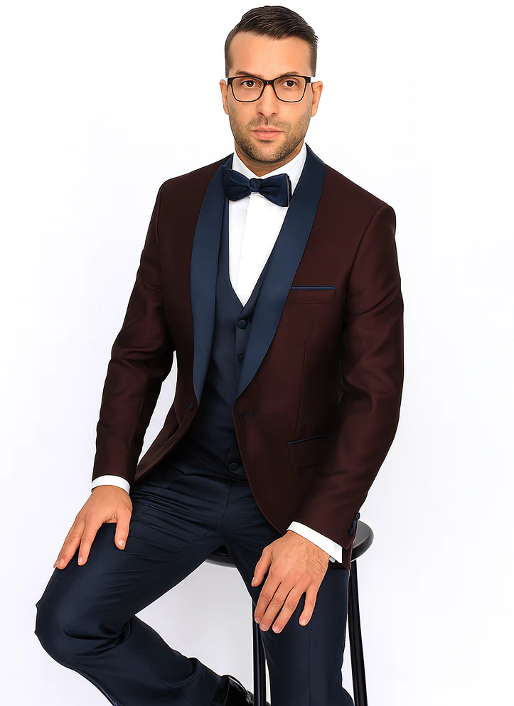 Burgundy ~ Plum And Dark Navy Blue Lapel Burgundy Suit Tuxedo Vested 3 Piece Suit Wedding / Prom / Party Suit - Image 5