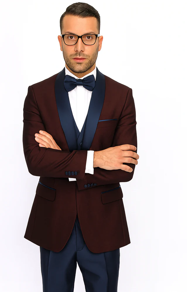 Burgundy ~ Plum And Dark Navy Blue Lapel Burgundy Suit Tuxedo Vested 3 Piece Suit Wedding / Prom / Party Suit - Image 6