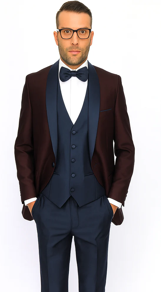 Burgundy ~ Plum And Dark Navy Blue Lapel Burgundy Suit Tuxedo Vested 3 Piece Suit Wedding / Prom / Party Suit - Image 7