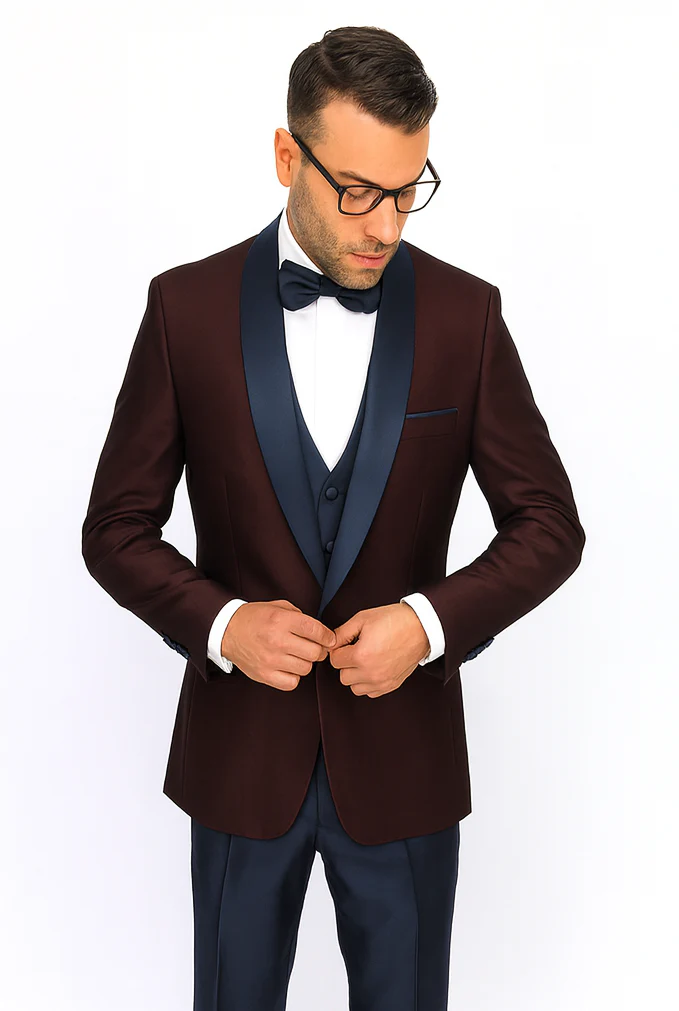 Burgundy ~ Plum And Dark Navy Blue Lapel Burgundy Suit Tuxedo Vested 3 Piece Suit Wedding / Prom / Party Suit - Image 8