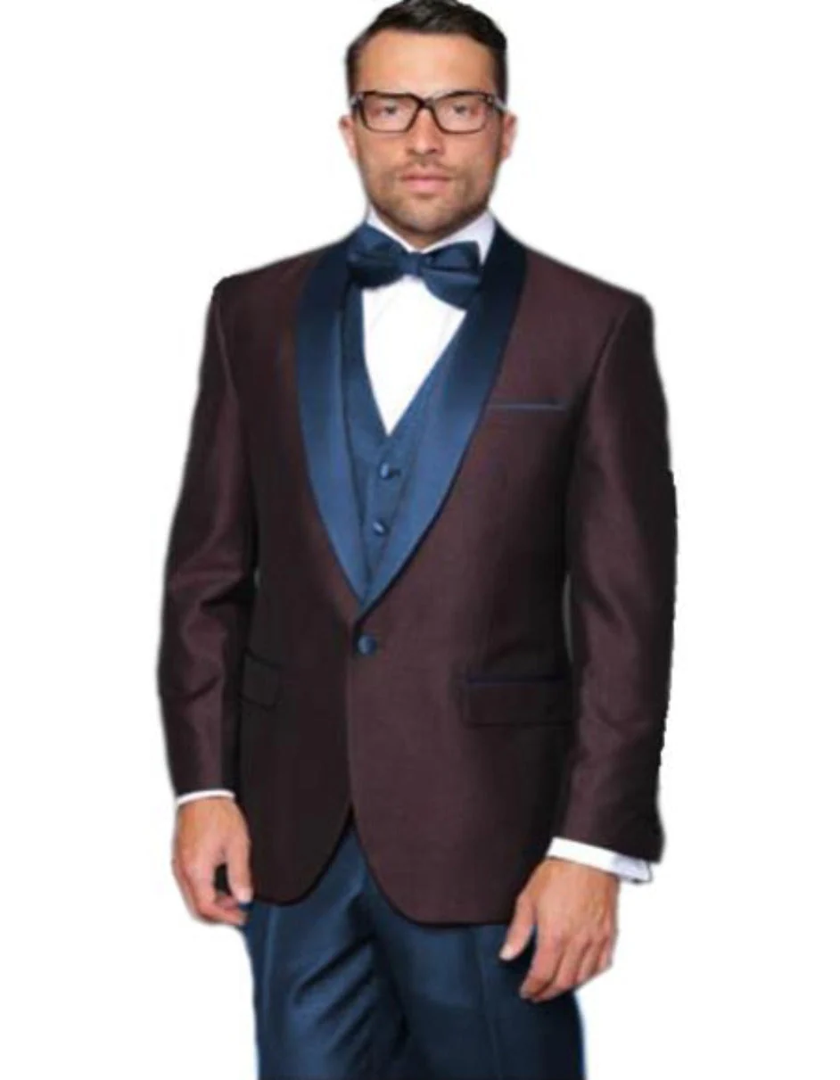 Burgundy ~ Plum And Dark Navy Blue Lapel Burgundy Suit Tuxedo Vested 3 Piece Suit Wedding / Prom / Party Suit - Image 9