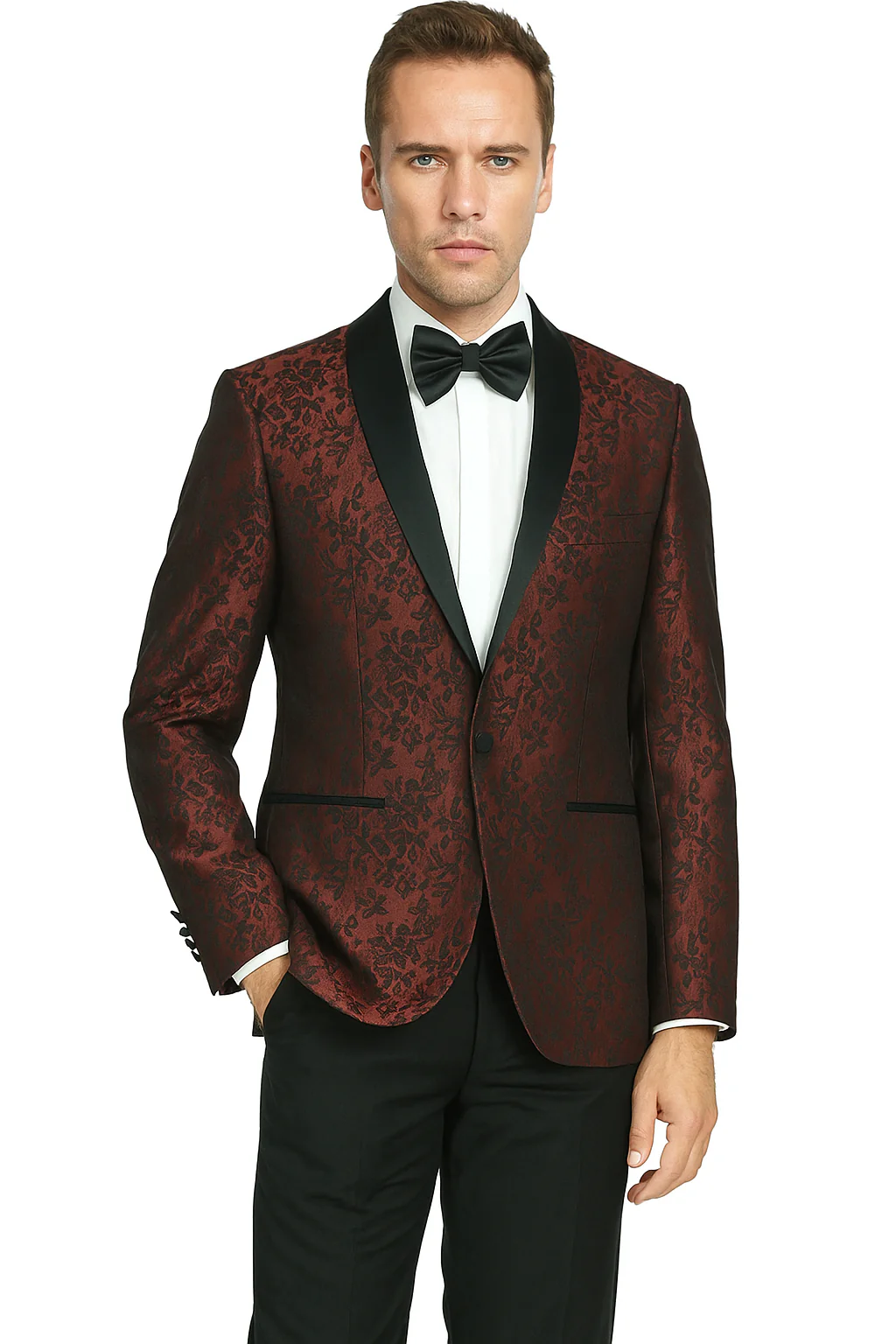 Shawl Jacquard Tuxedo by Giorgio Fiorelli in Burgundy, Gray - Image 4
