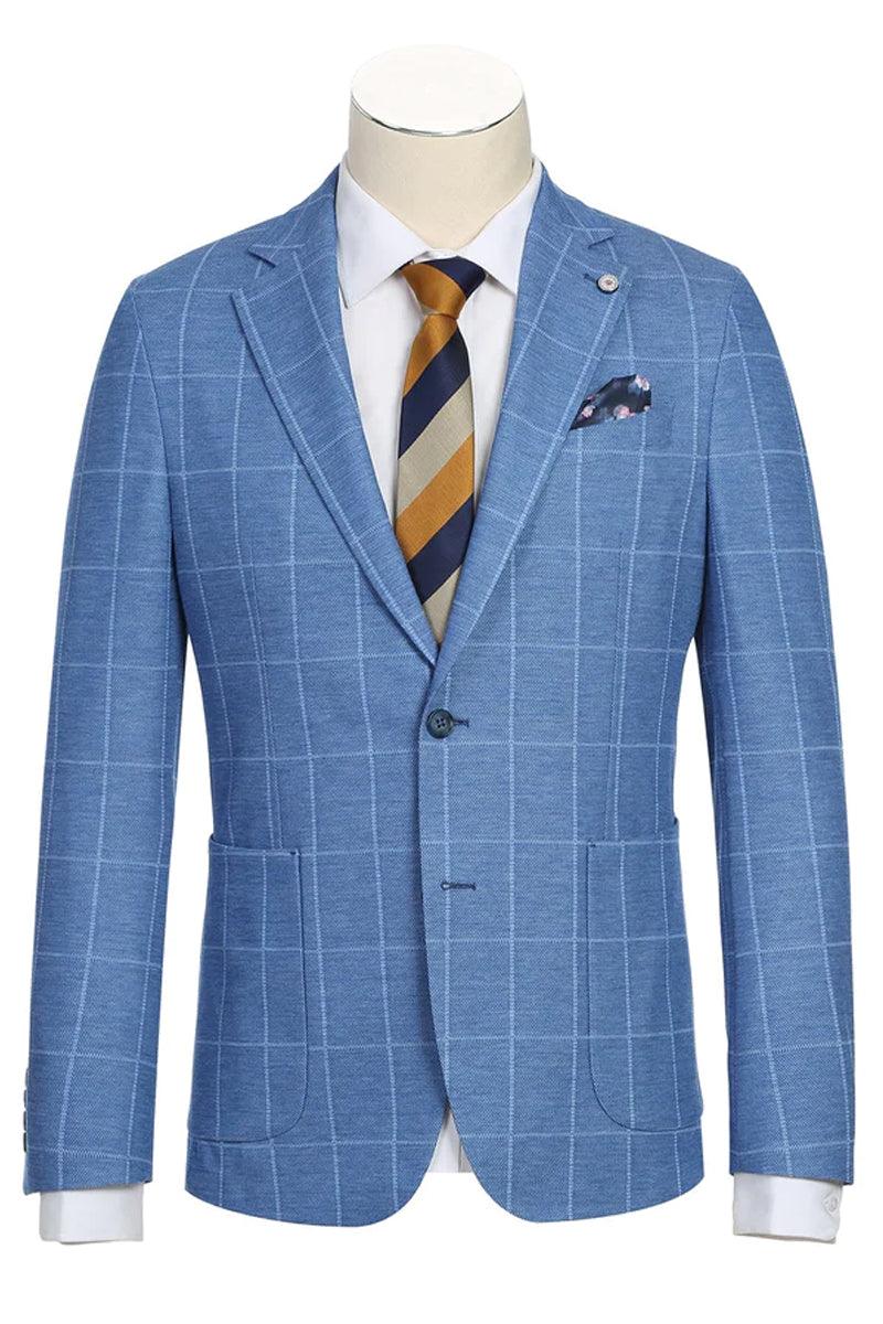 "Azure Elegance: Unconstructed Windowpane Blazer for Prom and Wedding Attire"
