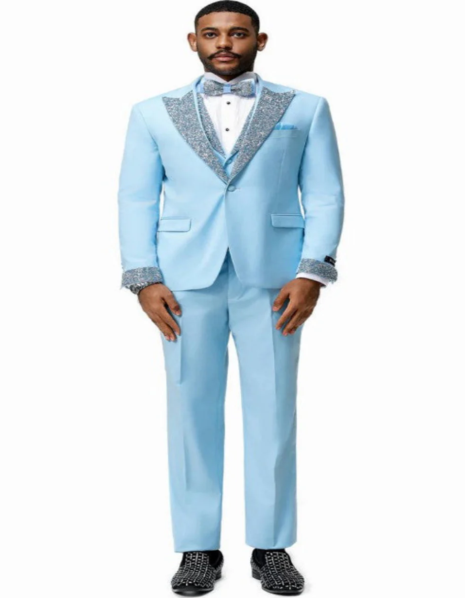 Baby Blue Prom Tuxedo - Perfect Wedding Suit Vested rhinestone sequin Lapelled - Image 10