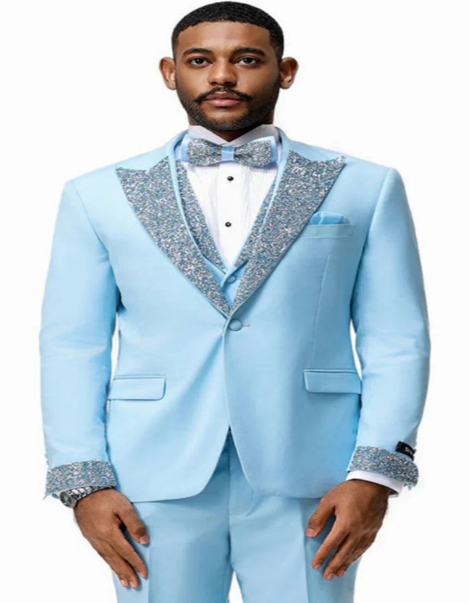 Baby Blue Prom Tuxedo - Perfect Wedding Suit Vested rhinestone sequin Lapelled - Image 11