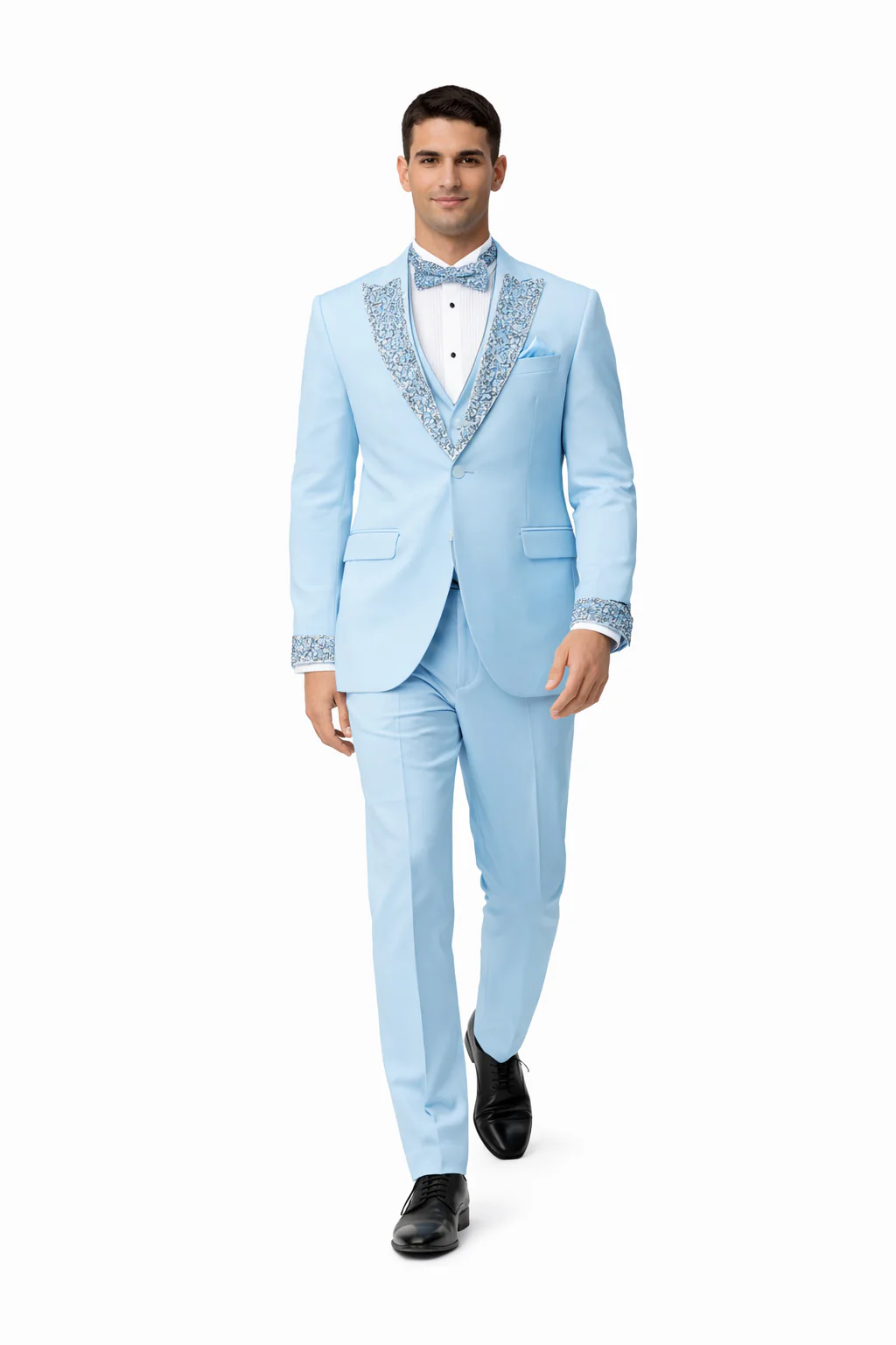 Baby Blue Prom Tuxedo - Perfect Wedding Suit Vested rhinestone sequin Lapelled - Image 3