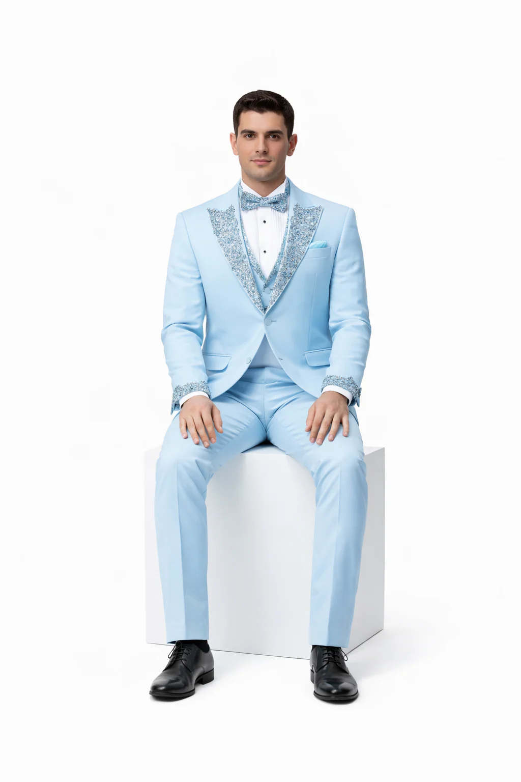 Baby Blue Prom Tuxedo - Perfect Wedding Suit Vested rhinestone sequin Lapelled - Image 5