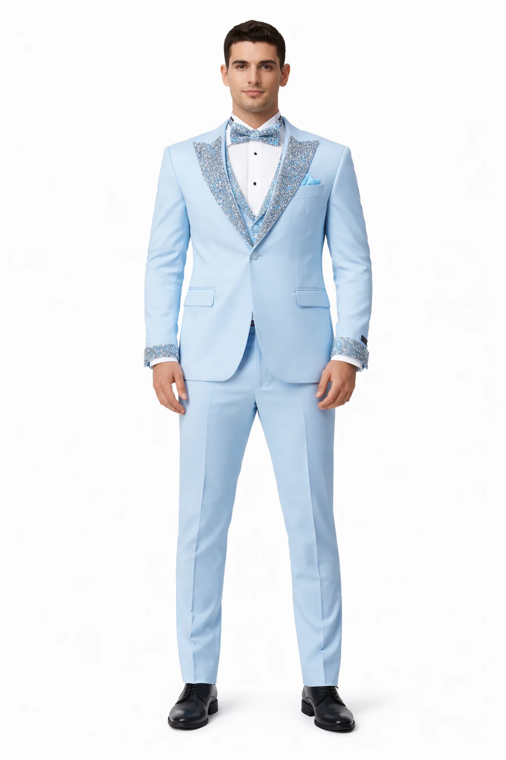 Baby Blue Prom Tuxedo - Perfect Wedding Suit Vested rhinestone sequin Lapelled - Image 6