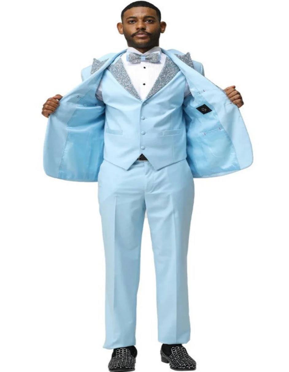 Baby Blue Prom Tuxedo - Perfect Wedding Suit Vested rhinestone sequin Lapelled - Image 9