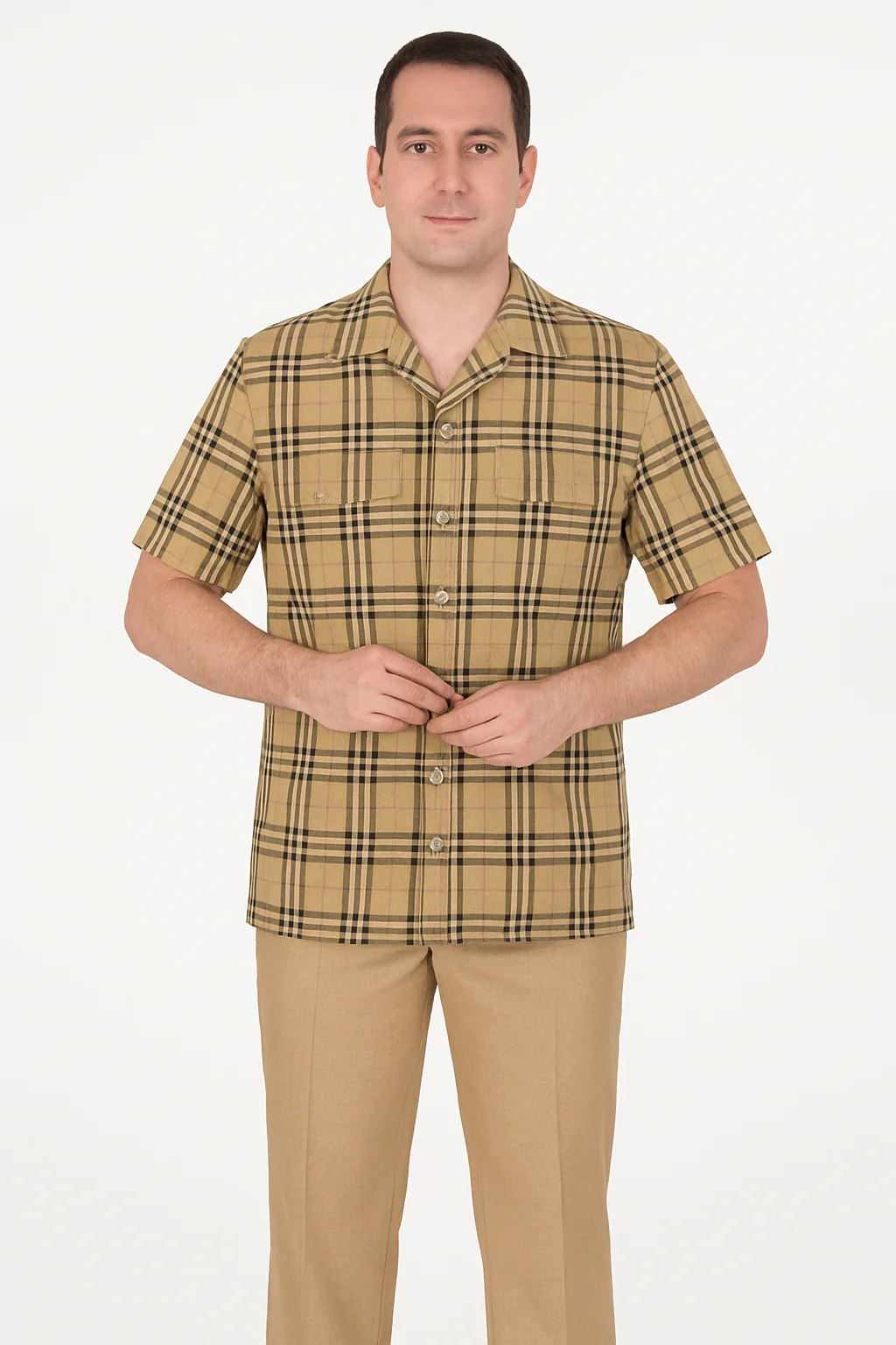 Beige Check Button Shirt for Men – Casual Plaid Design - Image 8