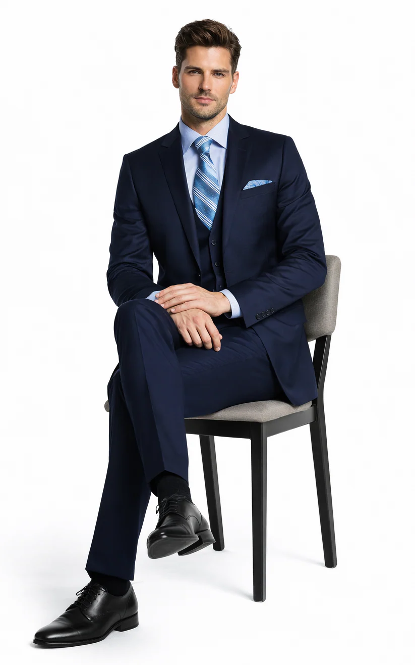 Bertolini 3 Piece Wool/Silk Solid Navy Suit - Image 4