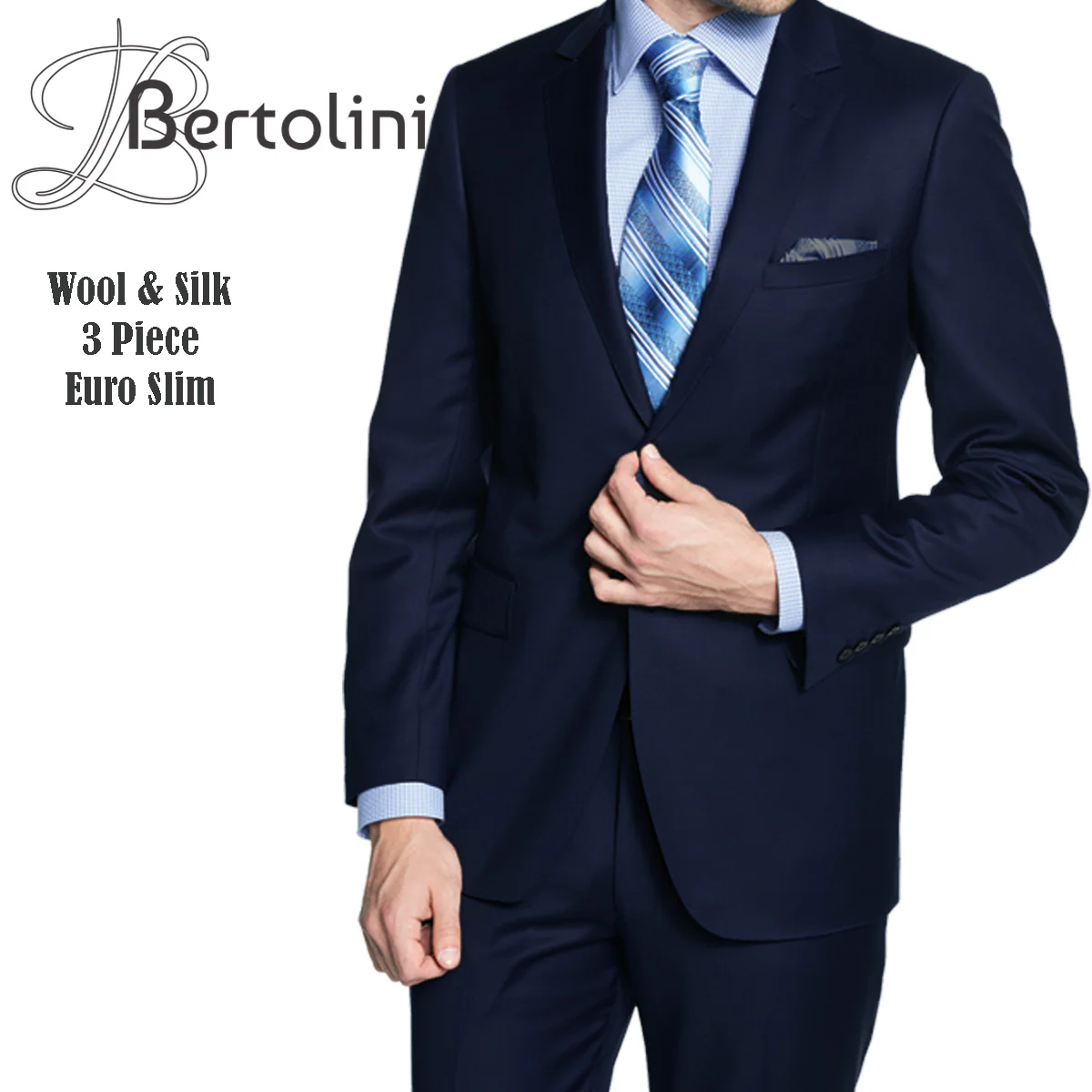 Bertolini 3 Piece Wool/Silk Solid Navy Suit - Image 8