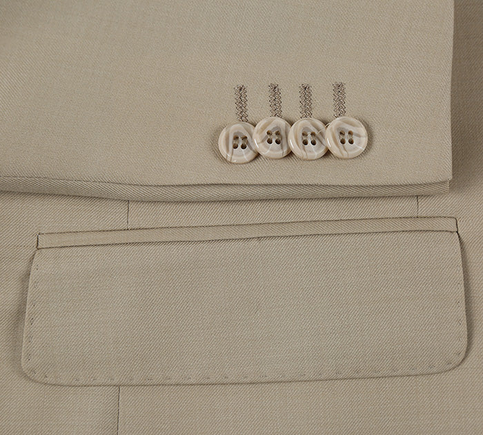 Bevagna Collection - Beige 100% Virgin Wool Regular Fit Pick Stitched 2 Piece Suit - Image 4