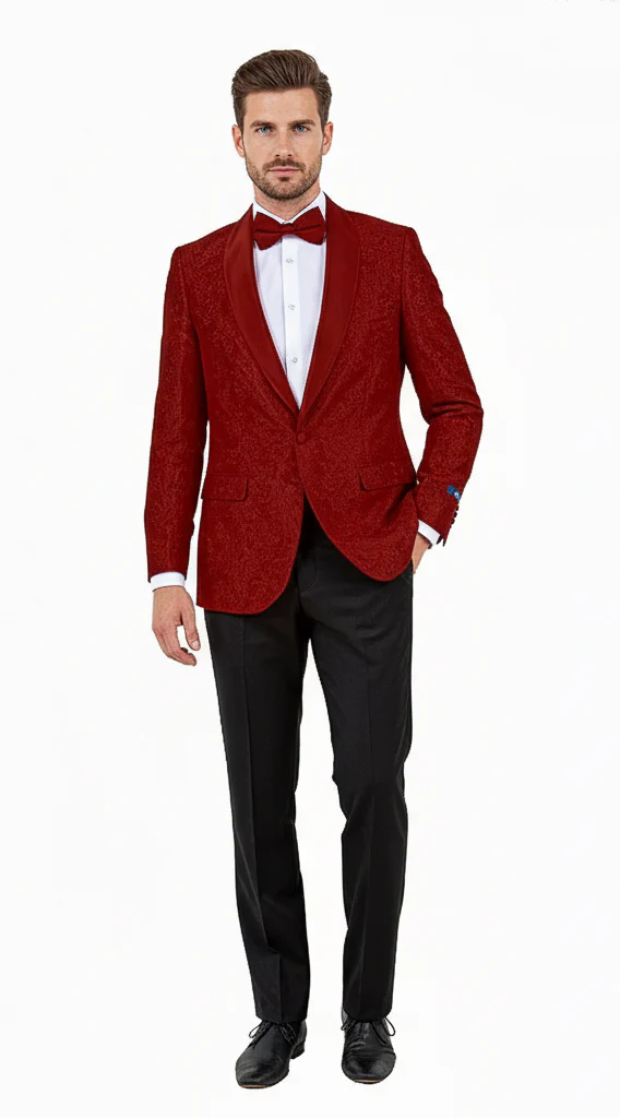 Big and Tall Men’s Burgundy Paisley Tuxedo Jacket – Satin Shawl Lapel Blazer with Bow Tie for Weddings, Proms, and Special Events
