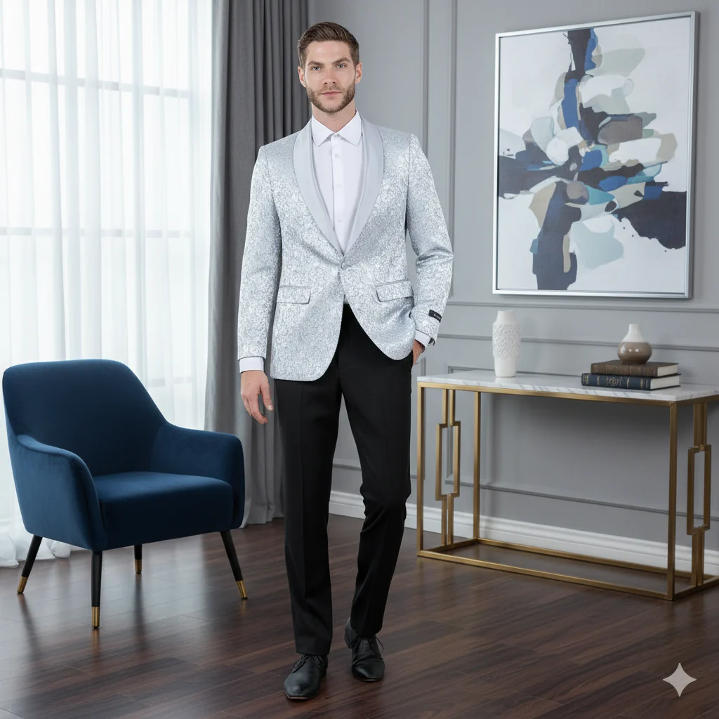Big and Tall Men’s Silver Gray Paisley Tuxedo Jacket – Satin Shawl Lapel Blazer for Weddings, Proms, and Formal Events