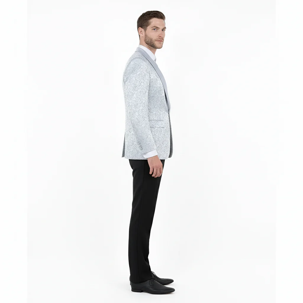 Big and Tall Men’s Silver Gray Paisley Tuxedo Jacket – Satin Shawl Lapel Blazer for Weddings, Proms, and Formal Events - Image 3