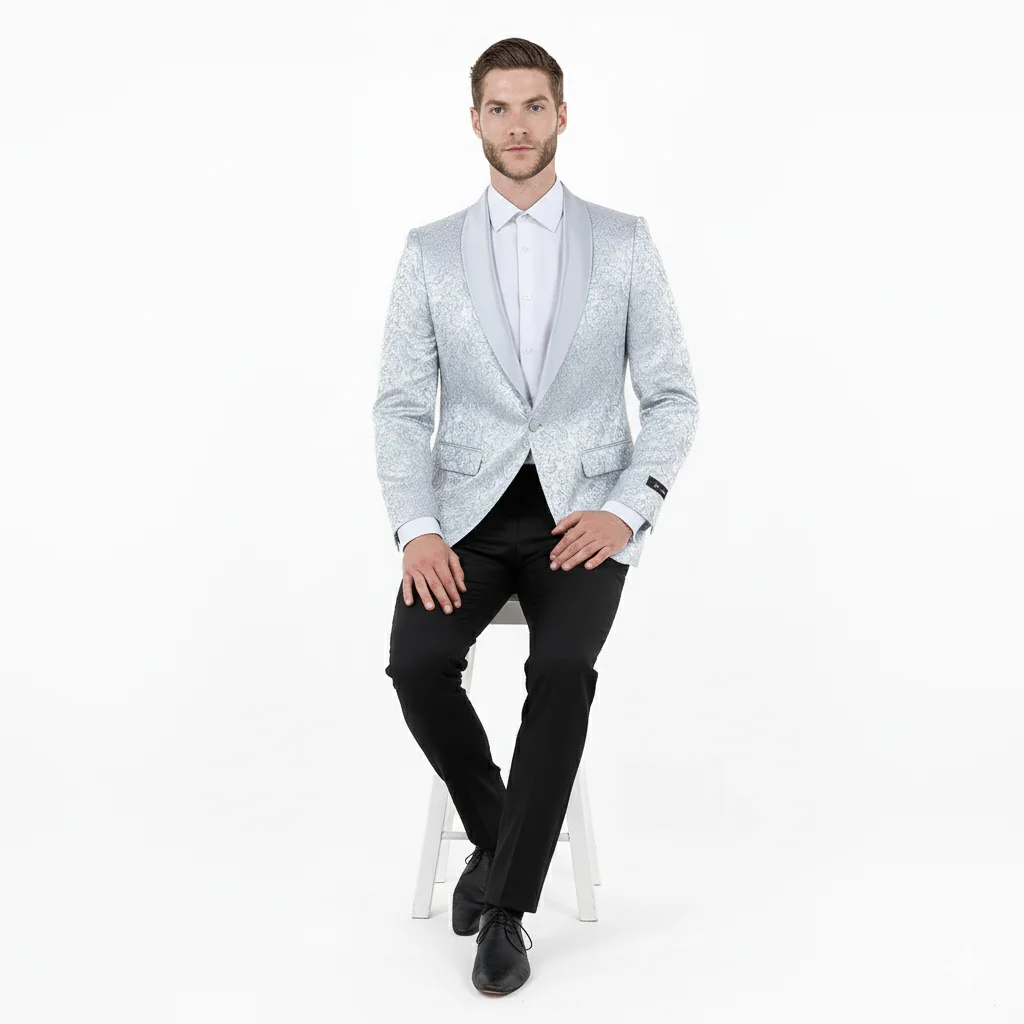 Big and Tall Men’s Silver Gray Paisley Tuxedo Jacket – Satin Shawl Lapel Blazer for Weddings, Proms, and Formal Events - Image 4