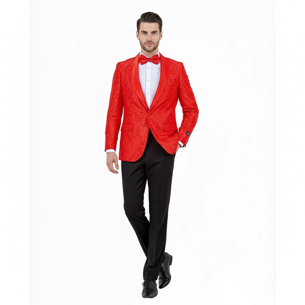 Big and Tall Mens Red Paisley Tuxedo Jacket – Satin Shawl Lapel Blazer with Bow Tie - Christmas Jacket - Image 3