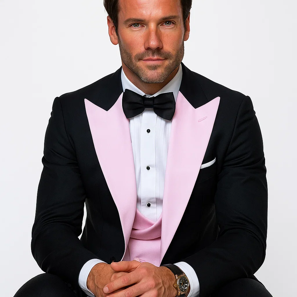 Black And Pink suit - Tuxedo Looking With Double Breasted Vest Peak Lapel 100% Wool - Image 2