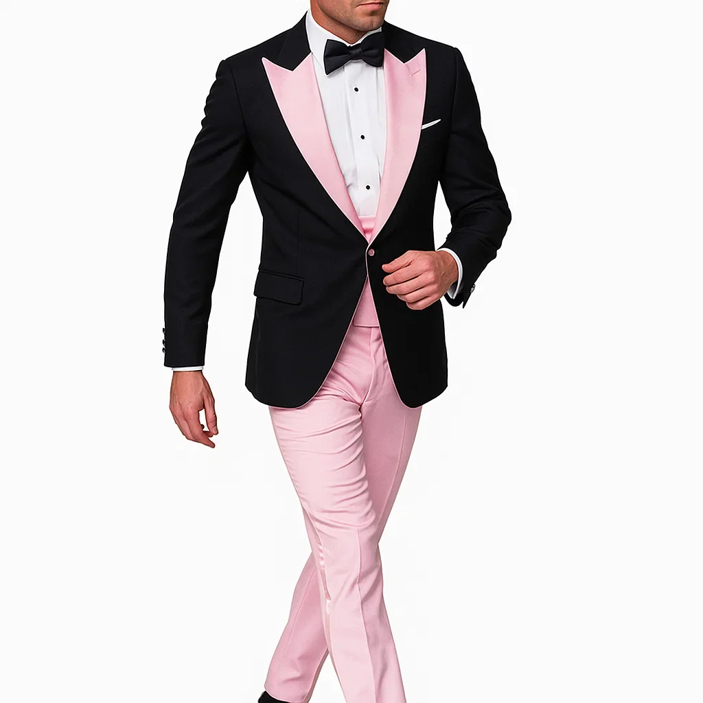Black And Pink suit - Tuxedo Looking With Double Breasted Vest Peak Lapel 100% Wool - Image 3