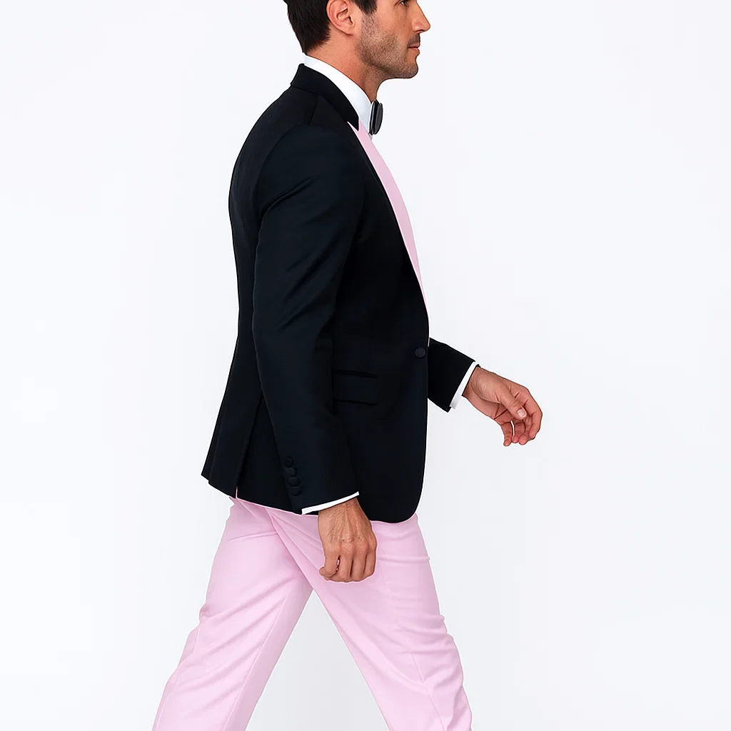 Black And Pink suit - Tuxedo Looking With Double Breasted Vest Peak Lapel 100% Wool - Image 4