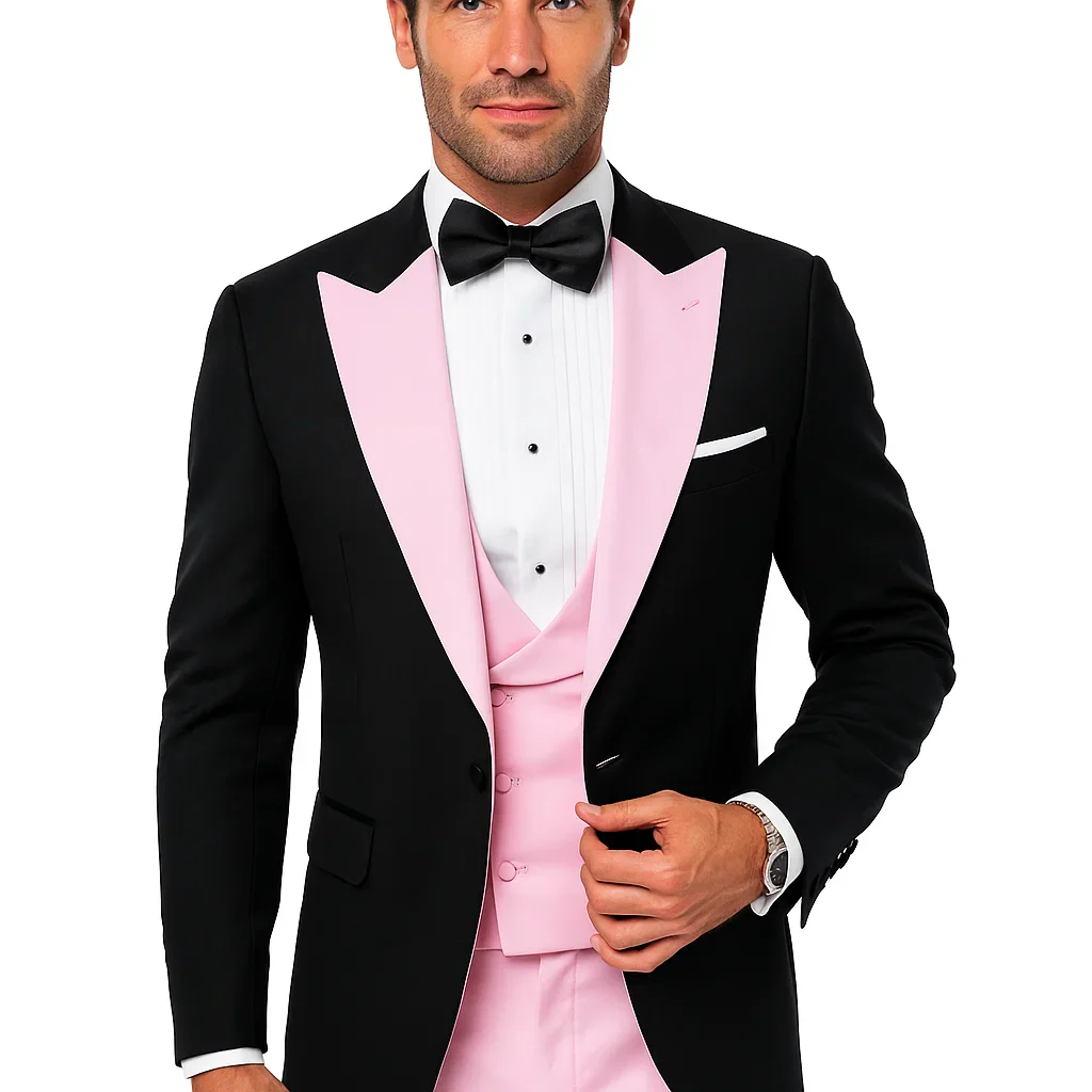 Black And Pink suit - Tuxedo Looking With Double Breasted Vest Peak Lapel 100% Wool - Image 5