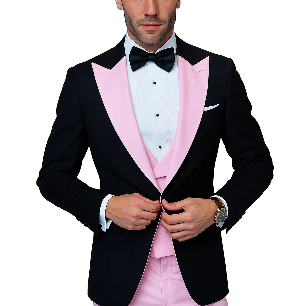 Black And Pink suit - Tuxedo Looking With Double Breasted Vest Peak Lapel 100% Wool - Image 6