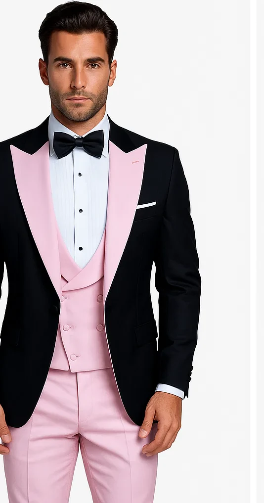 Black And Pink suit - Tuxedo Looking With Double Breasted Vest Peak Lapel 100% Wool - Image 7