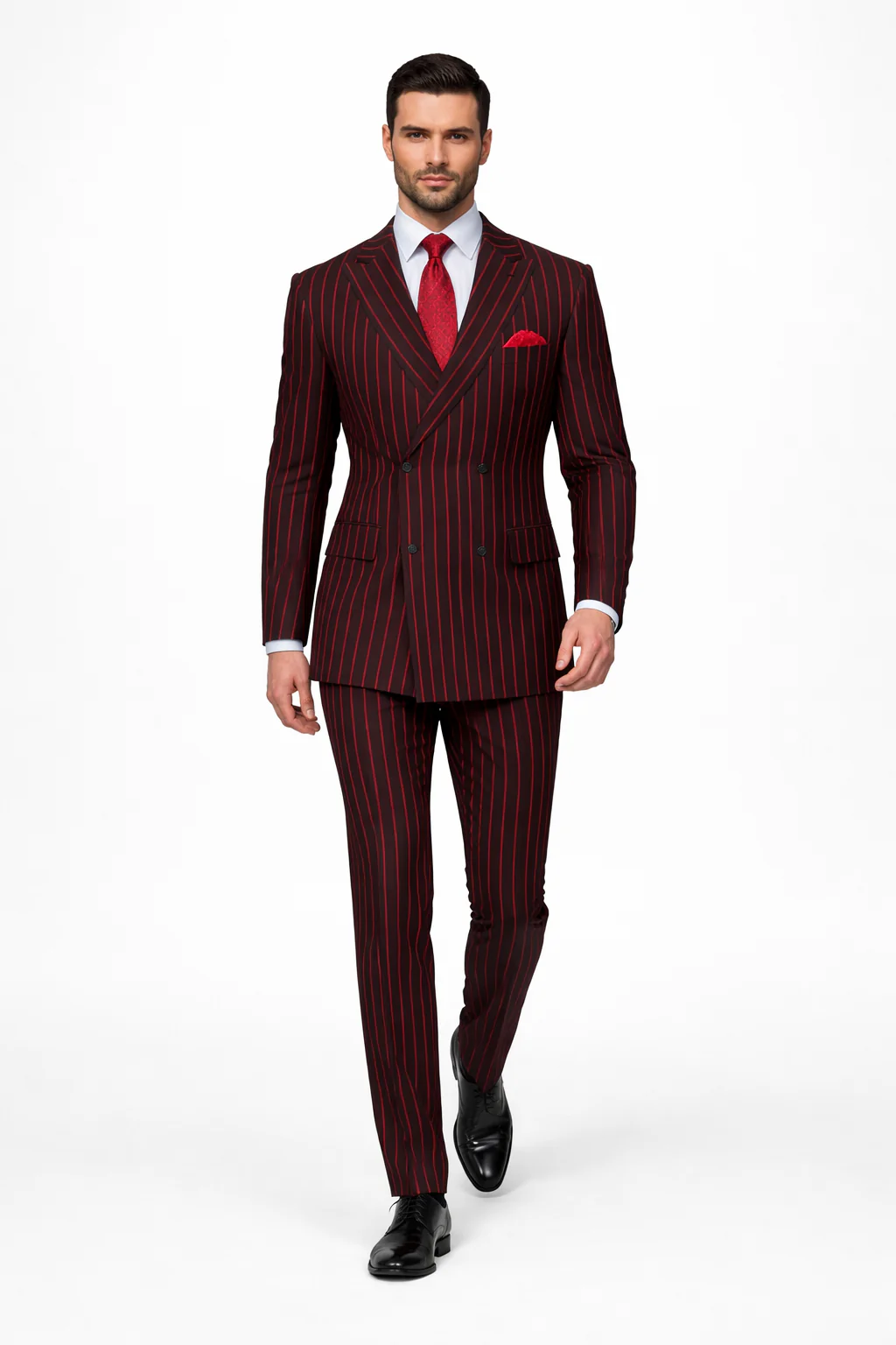 Black and Red Pinstripe Double breasted Suit - 100% Wool Modern Fit Side Vents by Statement brand - Image 3