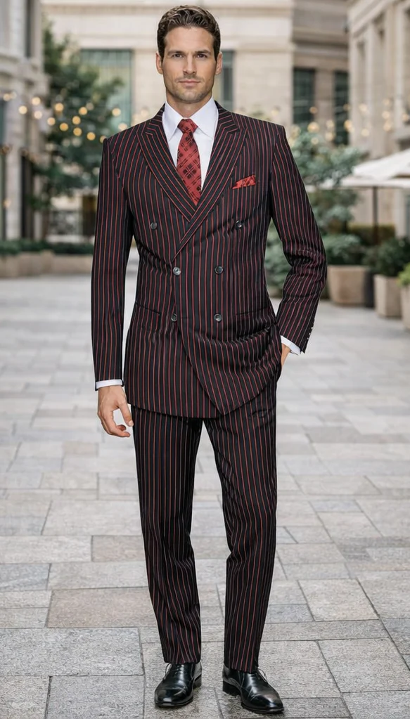 Black and Red Pinstripe Double breasted Suit - 100% Wool Modern Fit Side Vents by Statement brand - Image 7