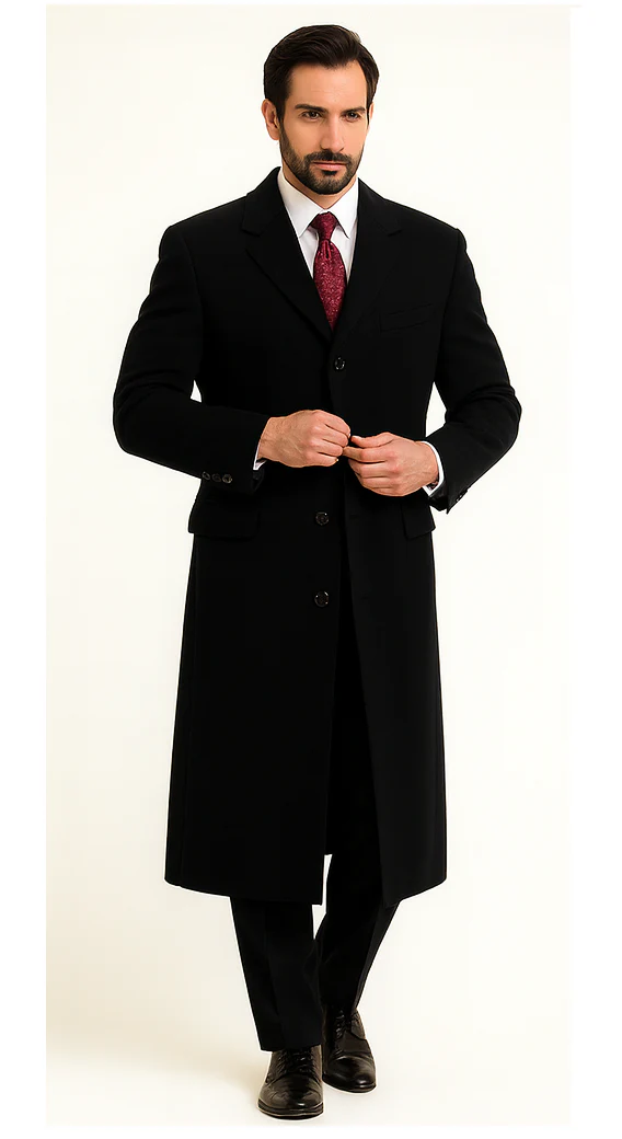 Black Cashmere Chesterfield Overcoat – 1920s Full Length Topcoat - Image 6